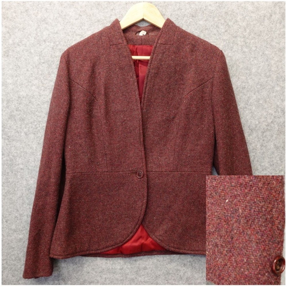 Vintage 70s Burgundy Tweed Blazer Womens XS Fitted Jacket Plain Twill Flecked